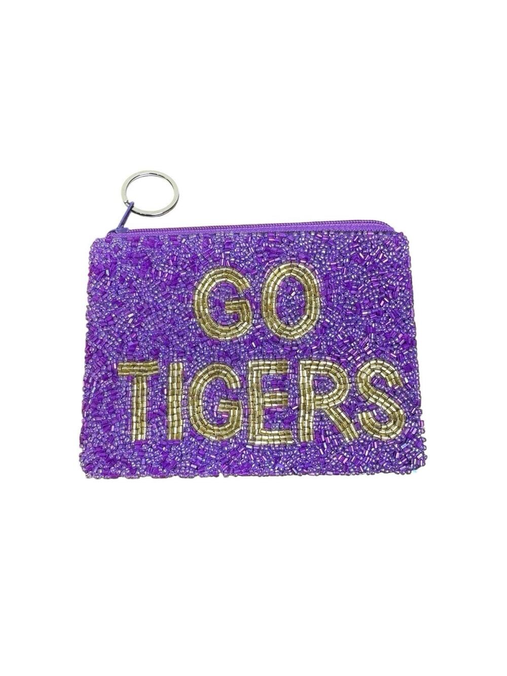 Tiana NY Go Tigers LSU Beaded Coin Pouch Purple Gold Key Ring Zip Bag Handmade
